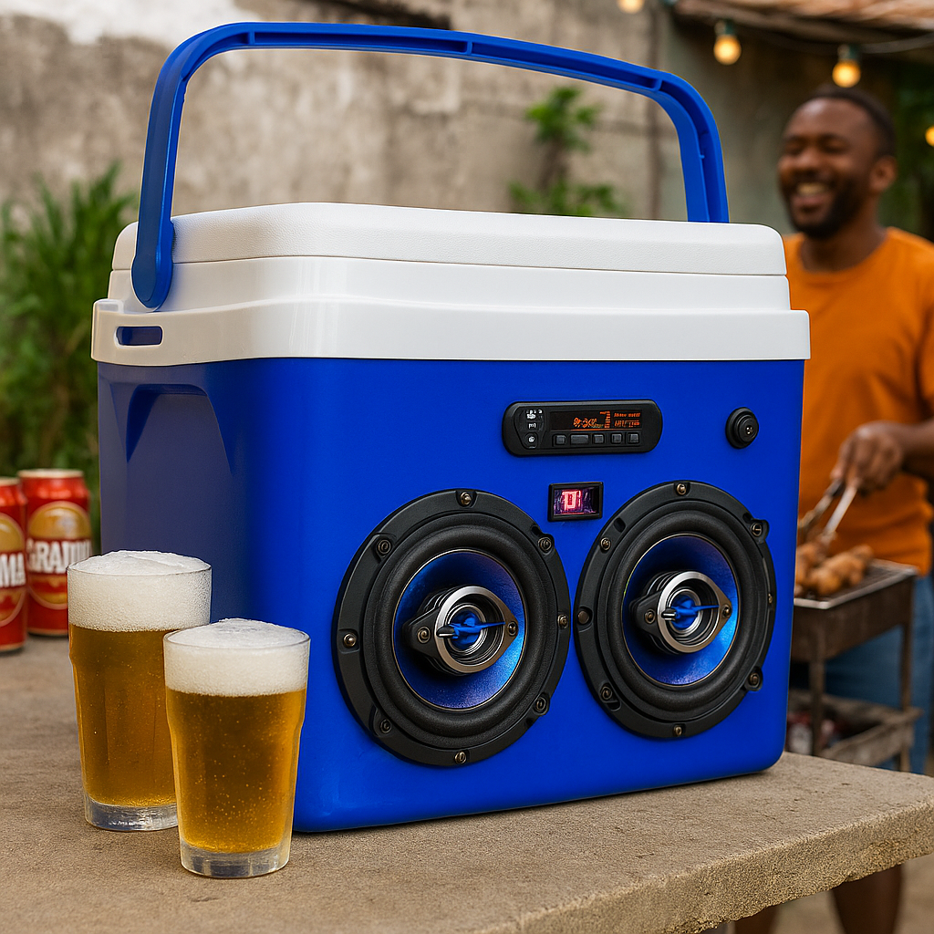 Caixa térmica 32L com alto-falantes e painel frontal